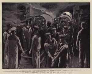 De marine-oefeningen, het laden van de grote kanonnen aan boord van een kruiser